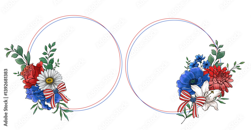 4th of July Flower Design. Independence day Illustrations. US Patriotic colors flower bouquet. US flag design with flowers. 4 July design template. 4th of July Flower Design. Independence day Illustrations. US Patriotic colors flower bouquet. US flag design with flowers. 4 July design template.