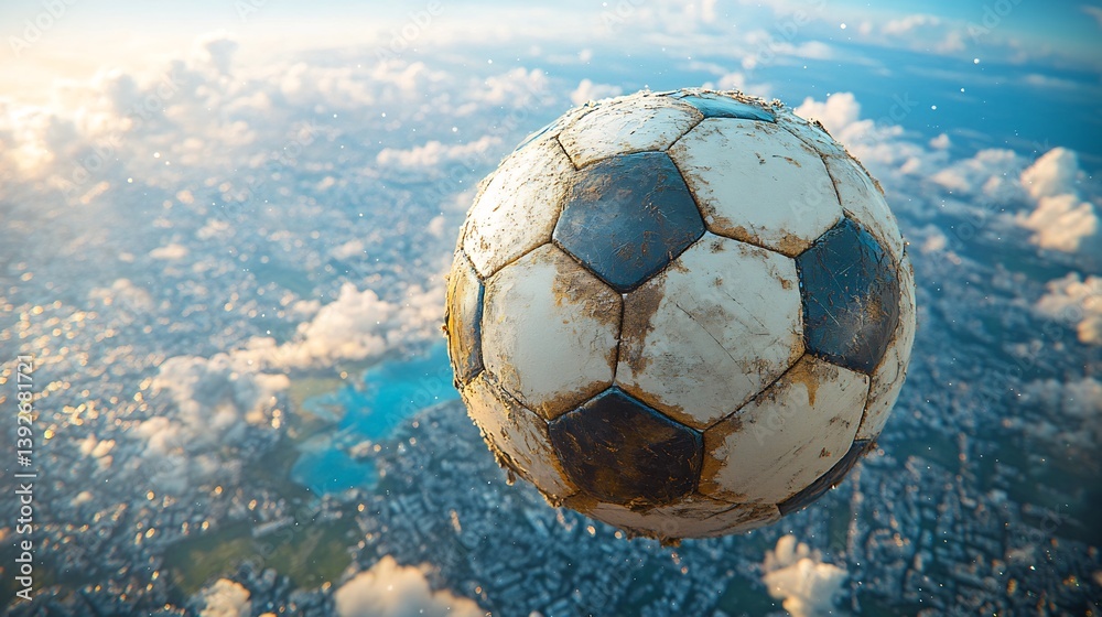 Fototapeta premium Hyper realistic soccer ball floating zero gravity above Earth breathtaking view of planet blue ocean white cloud background ball detailed visible leather texture tiny speck of cosmic dust around