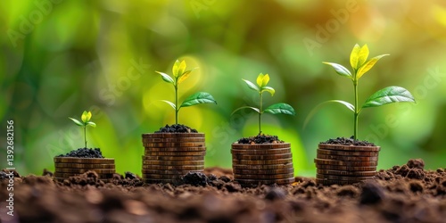 Financial options for green business Stacks of coins with sprouting plants growing on them bokeh background.