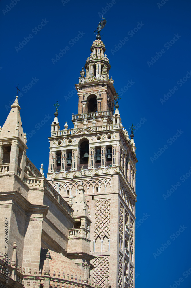 Obraz premium Giralda and gothic style cathedral in the city of Seville in Andalusia, Spain. In the background the blue sky.