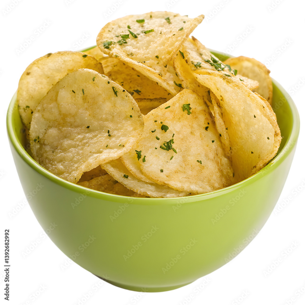 Golden Crispy Potato Chips with Fresh Herbs in Green Bowl – High-Resolution Food Photography Golden Crispy Potato Chips with Fresh Herbs in Green Bowl – High-Resolution Food Photography