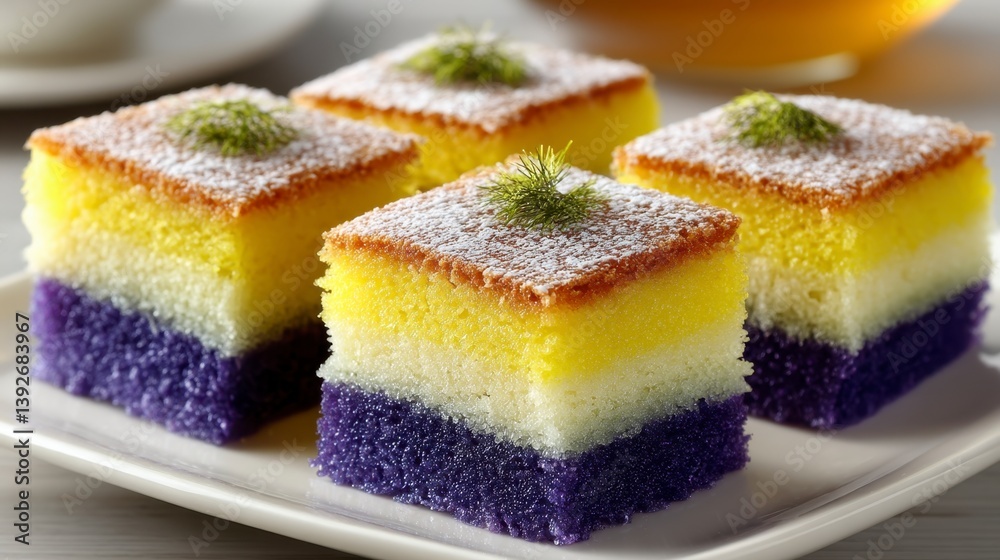 Four layered squares of cake, purple, white and yellow, on a white plate Four layered squares of cake, purple, white and yellow, on a white plate