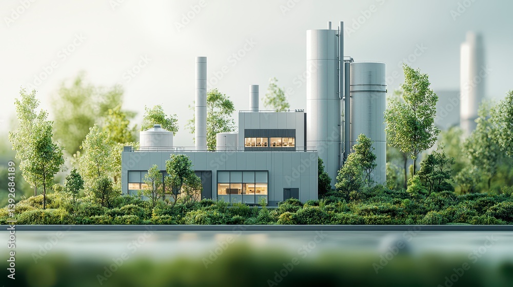 Obraz premium Modern Industrial Facility Surrounded by Greenery and Trees on a Bright and Clear Day in Eco-Friendly Setting
