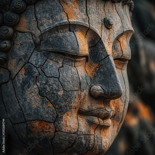 Close-Up of Ancient Buddha Face with Weathered Stone Texture and Intertwined Rocks in Background