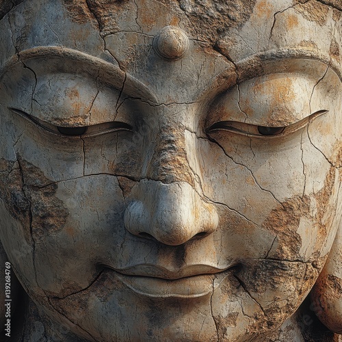 Close-Up of Ancient Buddha Face with Weathered Stone Texture and Intertwined Rocks in Background