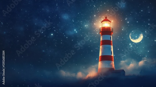 A red and white striped lighthouse illuminated by moonlight, standing against a breathtaking night sky bursting with stars