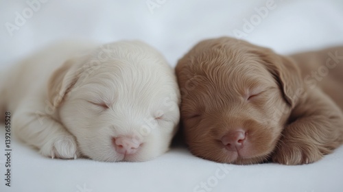 Two adorable, fluffy golden retriever puppies sleep peacefully side-by-side, one cream and one reddish-brown. A heartwarming, tender moment