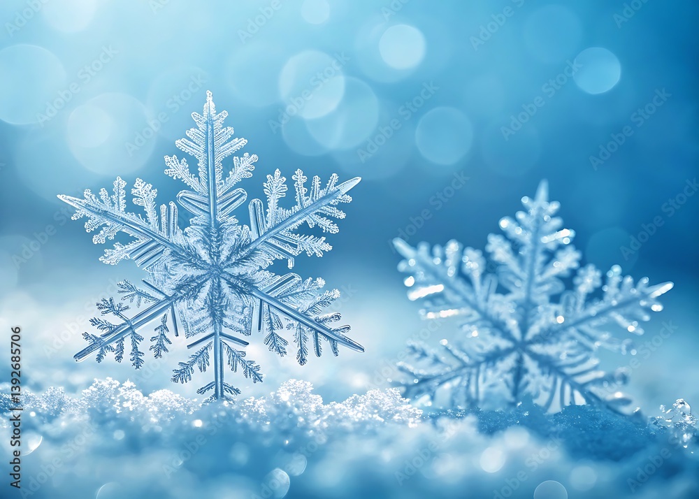 Close-Up of Two Snowflakes on Sparkling Snow with Blue Bokeh Background Close-Up of Two Snowflakes on Sparkling Snow with Blue Bokeh Background
