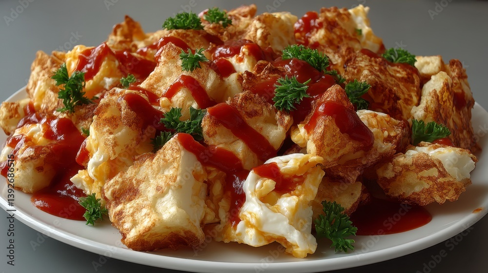 Scrambled eggs with red sauce and parsley garnish on a white plate. Scrambled eggs with red sauce and parsley garnish on a white plate.