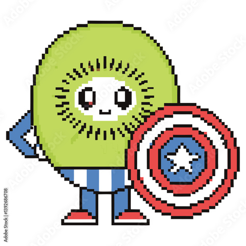 Pixel Kiwi Superhero Cartoon Character with Shield on Transparent Background