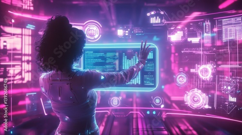A solo entrepreneur standing in a neon-lit environment, using gesture controls to navigate a holographic business dashboard with futuristic icons.