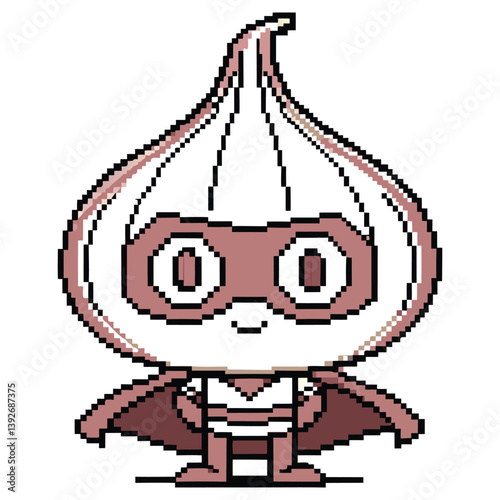 Pixel Art Style Superhero Onion Character with Mask and Cape on Transparent