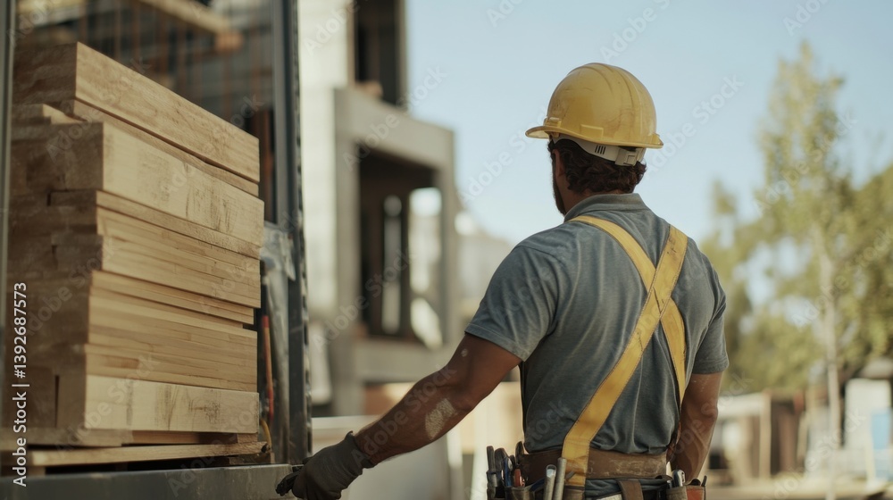 A construction laborer unloading materials from a truck. Featuring effort and teamwork A construction laborer unloading materials from a truck. Featuring effort and teamwork