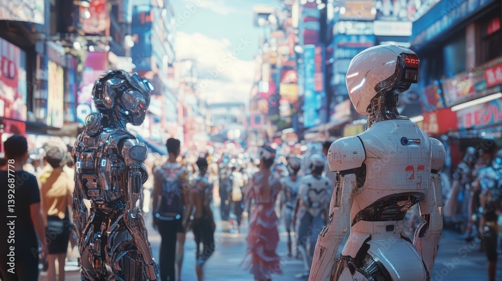 Obraz premium Futuristic City Street Scene with Robots and Crowds in a Vibrant Urban Environment Full of Neon Signs and Advanced Technology Elements