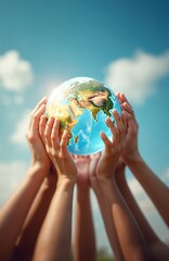 Hands holding Earth globe against blue sky with clouds. Symbol of charity volunteering help care. People support earth with globe on international day of charity. Giving, sharing concept. Concept of