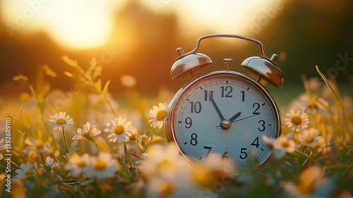 Vintage alarm clock in a field with golden sunlight. Spring Equinox