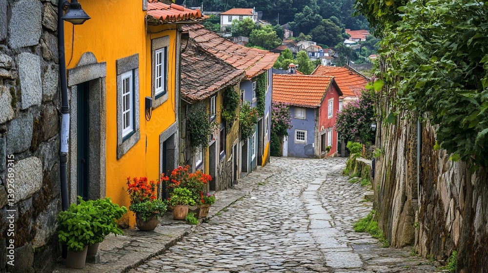 A winding cobblestone street in a quaint European village lined with colorful houses pic A winding cobblestone street in a quaint European village lined with colorful houses pic