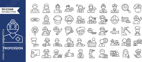 Professions icons set in line style. Containing Career people, people profession, police, chef, waiter, doctor and more. Vector illustration