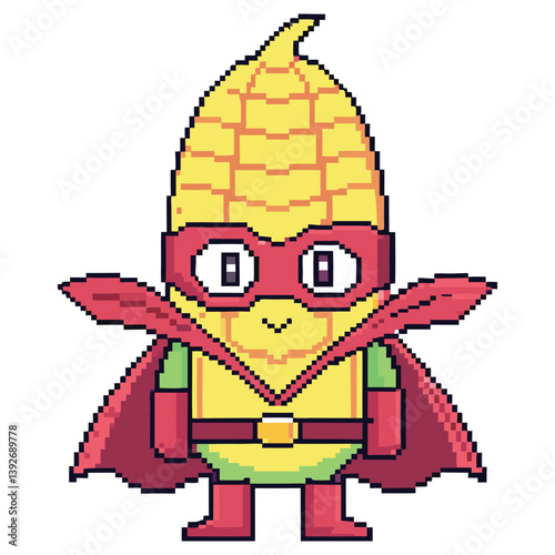Pixel Art Corn Superhero Character with Red Cape and Mask on Transparent