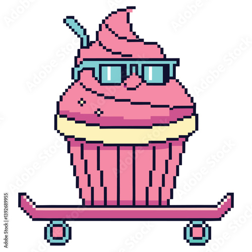 Pixel Cupcake on Skateboard with Glasses, Retro 8bit Art, Cool Pixelated Design