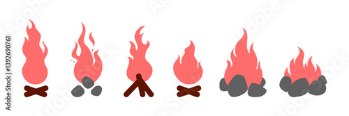 Campfire set, fire on woods and stones, flat vector illustration