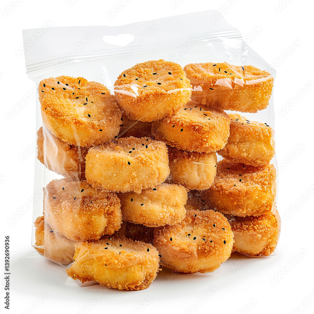 Fresh Pack of Frozen Chicken Nuggets, Golden Brown with Crispy Outer Layer, Ultra-Detailed Texture, Seamless White Background
Fresh Pack of Frozen Chicken Nuggets, Golden Brown with Crispy Outer Layer, Ultra-Detailed Texture, Seamless White Background
