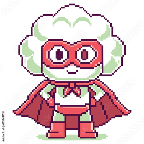 Pixelated Cauliflower Character with Red Mask, Cape, Boots on Transparent Background