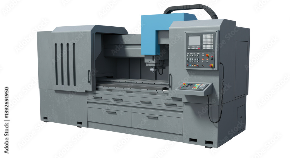 Isolated CNC Milling Machine with Blue Control Panel Isolated CNC Milling Machine with Blue Control Panel