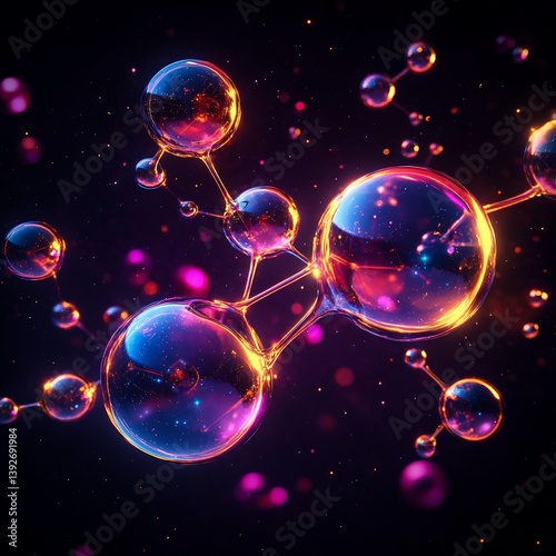 Molecules of water H2O visualized artistically glowing covalent bonds connecting atoms vibrant neon hues a dark background precise golden ratio design