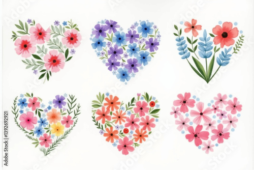 romantic floral heart watercolor clipart set, vintage floral heart png for printable decor, blush watercolor flower heart for wedding invites, whimsical botanical heart design for logos, watercolor he