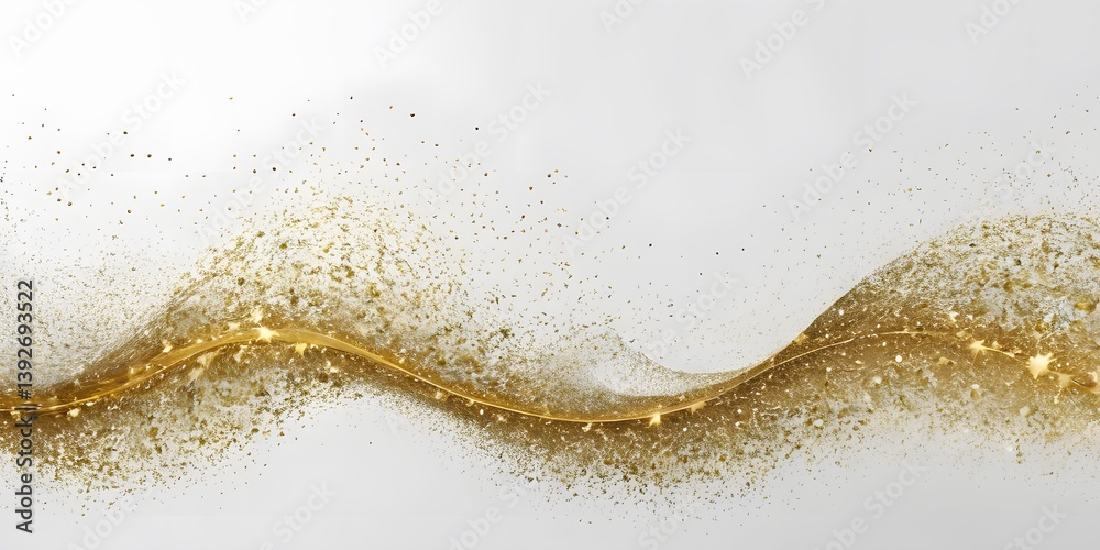Golden Particle Stream, A Wave Of Glittering Elements On A White Canvas. Celebration Abstract Design. Light Motion. Festive Feel. An Airy Effect. Golden Particle Stream, A Wave Of Glittering Elements On A White Canvas. Celebration Abstract Design. Light Motion. Festive Feel. An Airy Effect.
