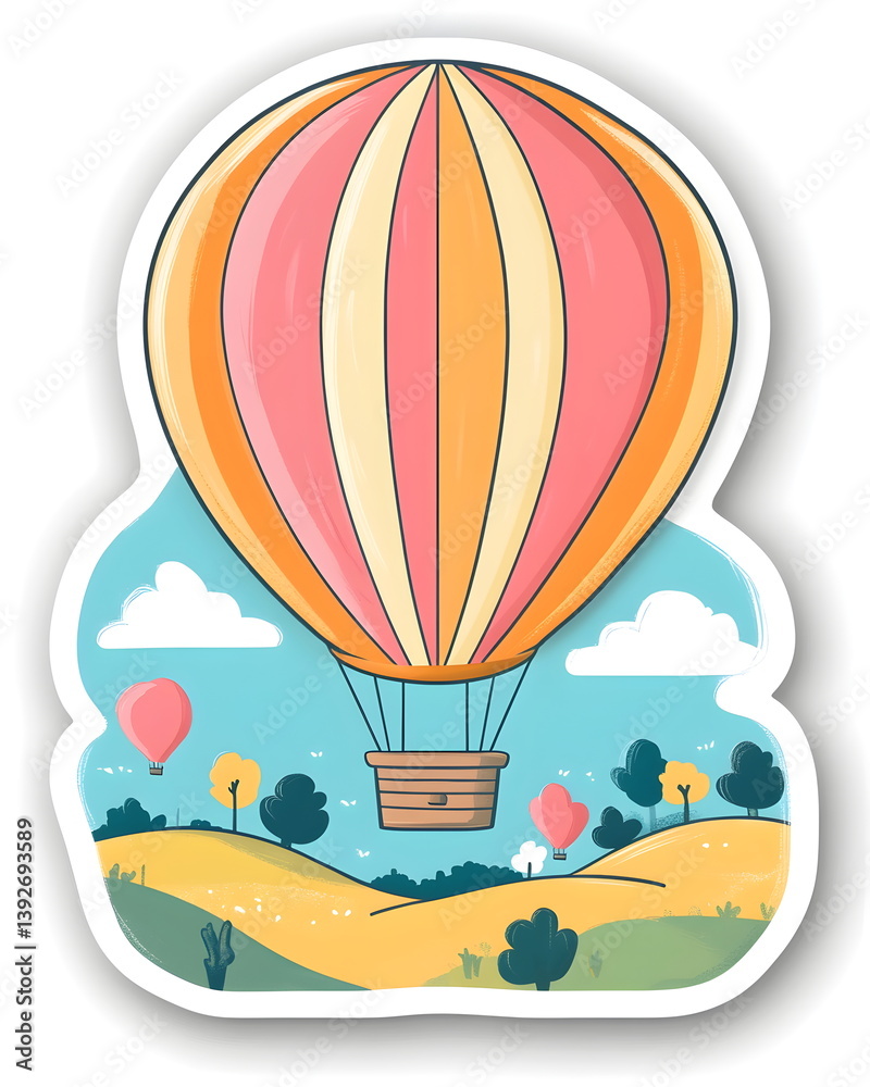 Fototapeta premium A playful and whimsical sticker of a simplified hot air balloon with bright stripes floating over rolling hills, designed in soft pastel tones, flat colors, clean outlines, bold lines, and a white bor