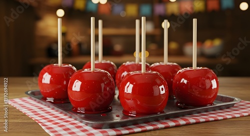 Captivating scene of a tray filled with glossy, vibrant red candy apples, artfully arranged on a checkered cloth. Capturing the sweetness and festive atmosphere.
