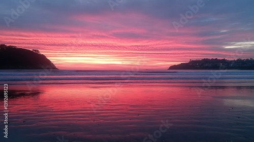 Spectacular sunset casting vivid pink and purple hues over tranquil beach