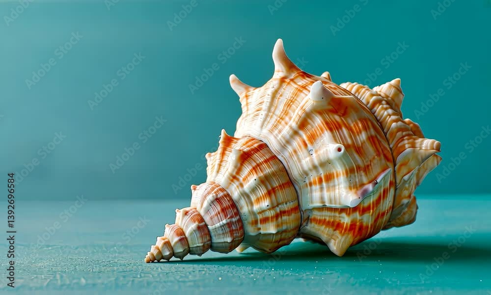 Large orange and white conch shell on aqua background