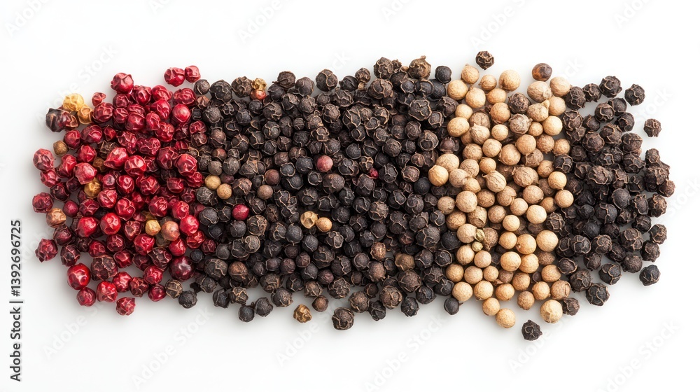 An overhead view of a diverse spice collection, showcasing peppercorns, thyme, and paprika, placed on a white background. An overhead view of a diverse spice collection, showcasing peppercorns, thyme, and paprika, placed on a white background.