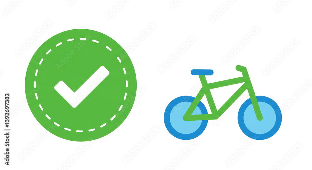 Isolated Bicycle and Check Mark Symbolizing Eco-Friendly Approval Isolated Bicycle and Check Mark Symbolizing Eco-Friendly Approval