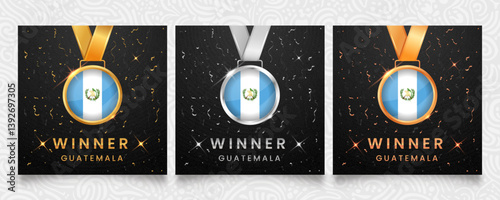 Guatemala Winner set. Medals featuring the flag design, displayed on a dark background with gold and silver confetti accents and sparkling highlights