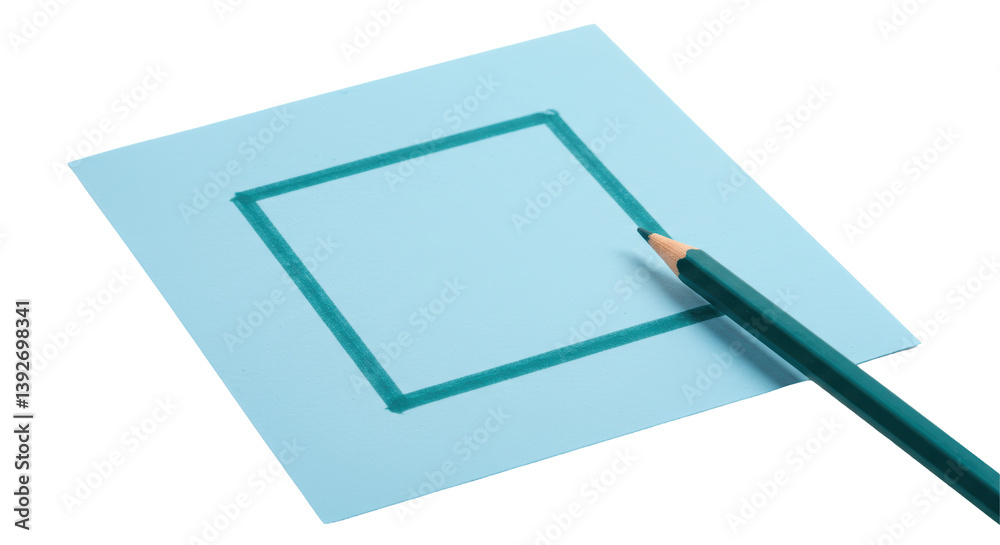 Isolated Blue Sheet of Paper with Drawn Square and Green Pencil Isolated Blue Sheet of Paper with Drawn Square and Green Pencil