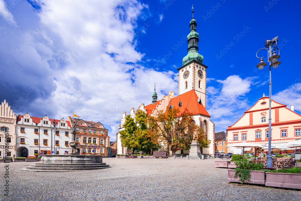 Tabor, Czech Republic. Zizka Square, downtown of historical Tabor in Bohemia, sunny day landscape.