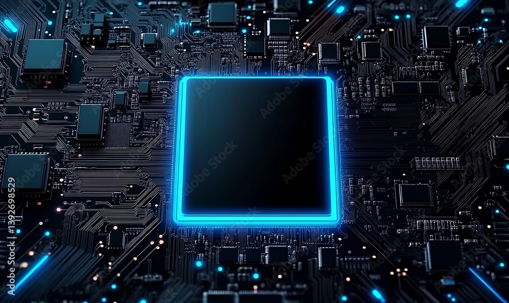Futuristic cyberpunk theme. Dark motherboard or circuit board. Complex electronic components such as capacitors, microchips and circuits illuminated with glowing blue lines., Futuristic cyberpunk theme. Dark motherboard or circuit board. Complex electronic components such as capacitors, microchips and circuits illuminated with glowing blue lines.,