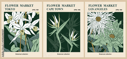 Set of abstract flower posters. Trendy botanical wall arts with floral design in sage green colors. Modern naive groovy funky interior decorations, paintings. Vector art illustration minimalist style.