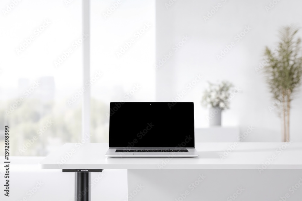tidy workstation with modern laptop on sleek desk in bright airy office space