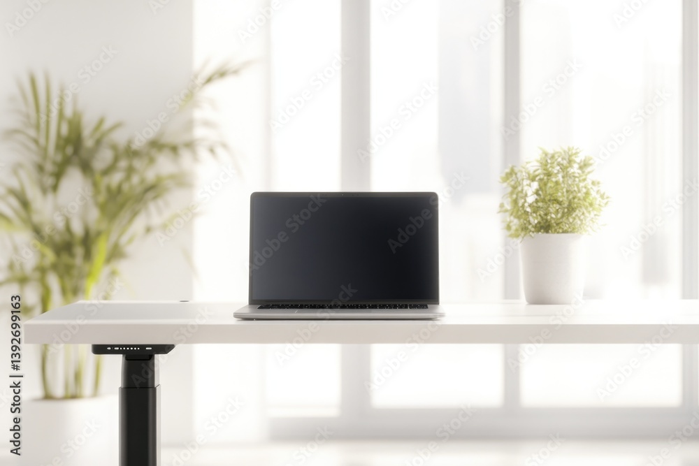 tidy workstation with modern laptop on sleek desk in bright airy office space tidy workstation with modern laptop on sleek desk in bright airy office space