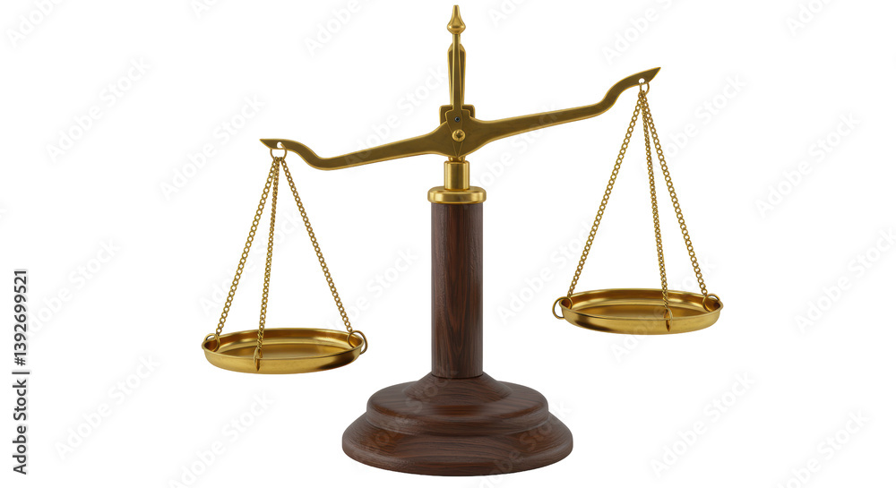 Isolated Golden Scale of Justice Balancing on a Wooden Base Isolated Golden Scale of Justice Balancing on a Wooden Base