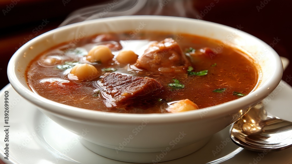Steaming bowl of hearty stew with chickpeas, meat, and vegetables. Warm, rustic setting. Steaming bowl of hearty stew with chickpeas, meat, and vegetables. Warm, rustic setting.