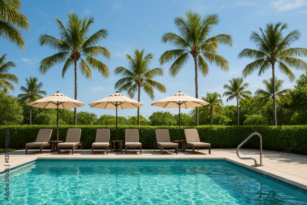 Fototapeta premium Serene Poolside Oasis with Palm Trees and Comfortable Loungers