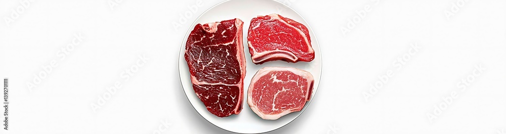 Obraz premium Raw meat portions are displayed on a white plate against a white background, for culinary use