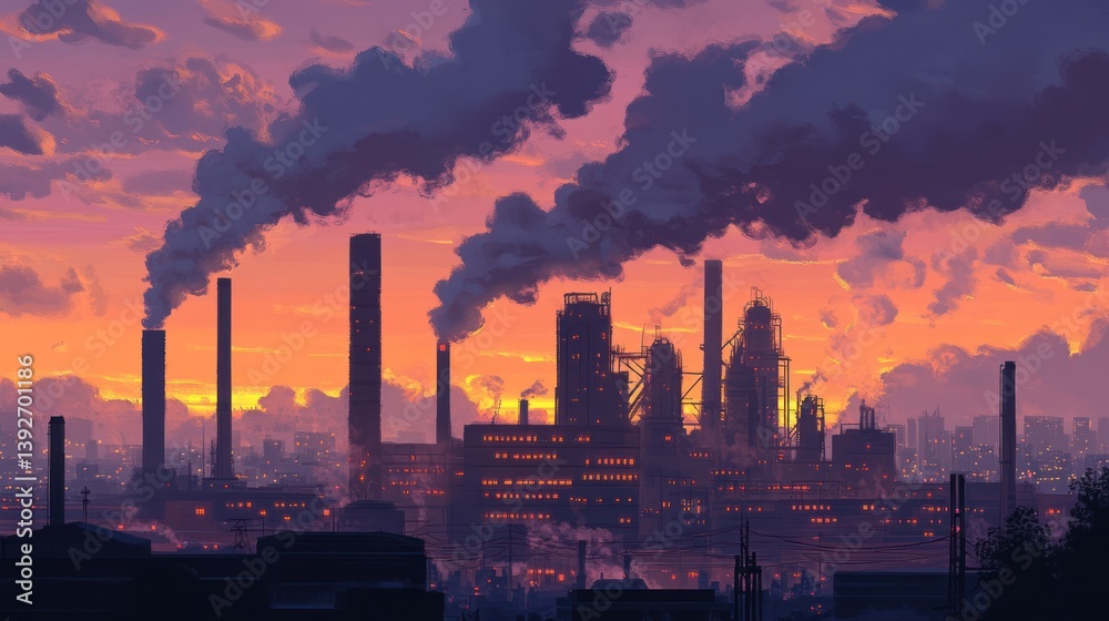 Obraz premium Industrial facilities at dusk, with towering smokestacks and gas spouts releasing plumes of smoke