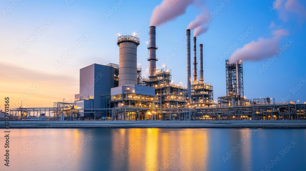 Industrial factories at dusk, with towering smokestacks and gas spouts emitting billows of smoke Industrial factories at dusk, with towering smokestacks and gas spouts emitting billows of smoke
